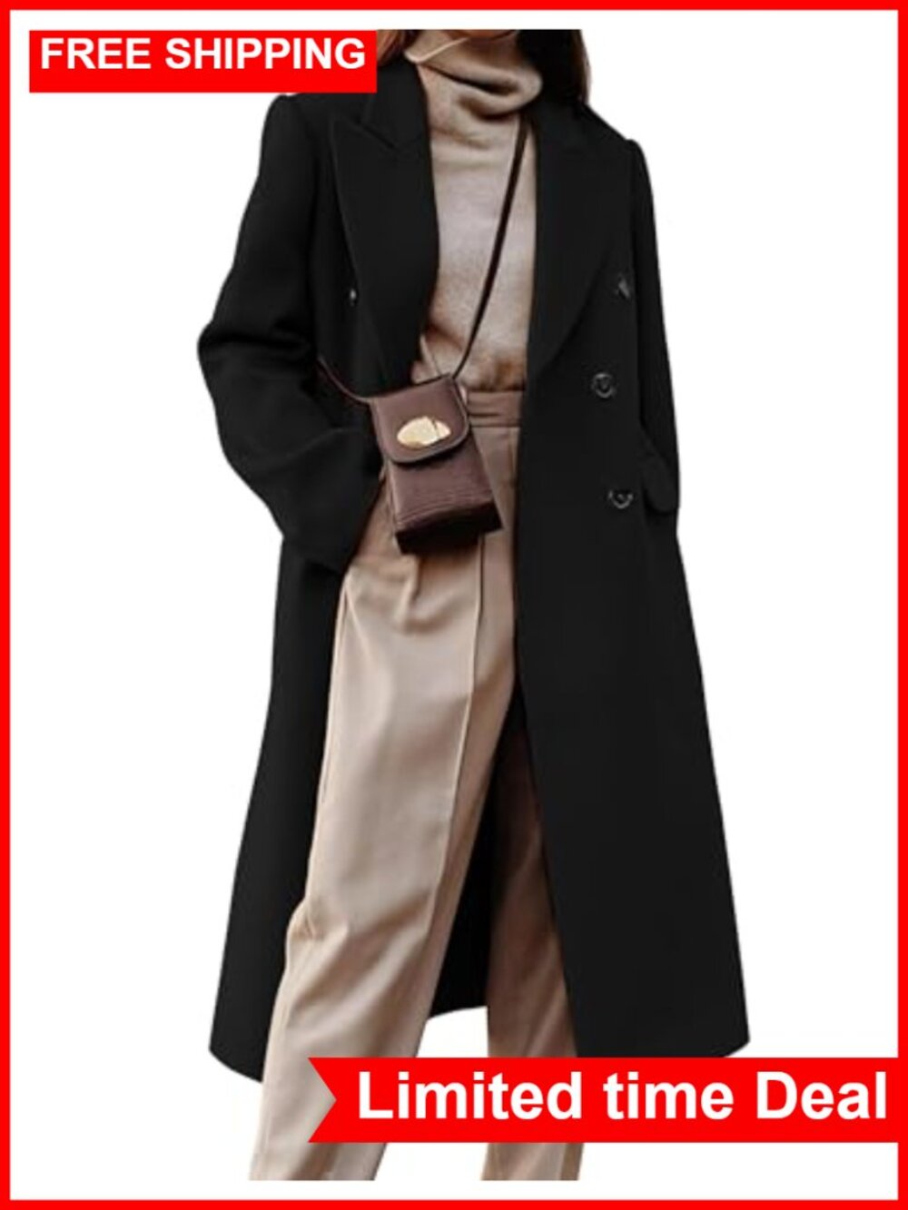 Women's Long Wool Blend Coat Double Breasted Trench Peacoat
